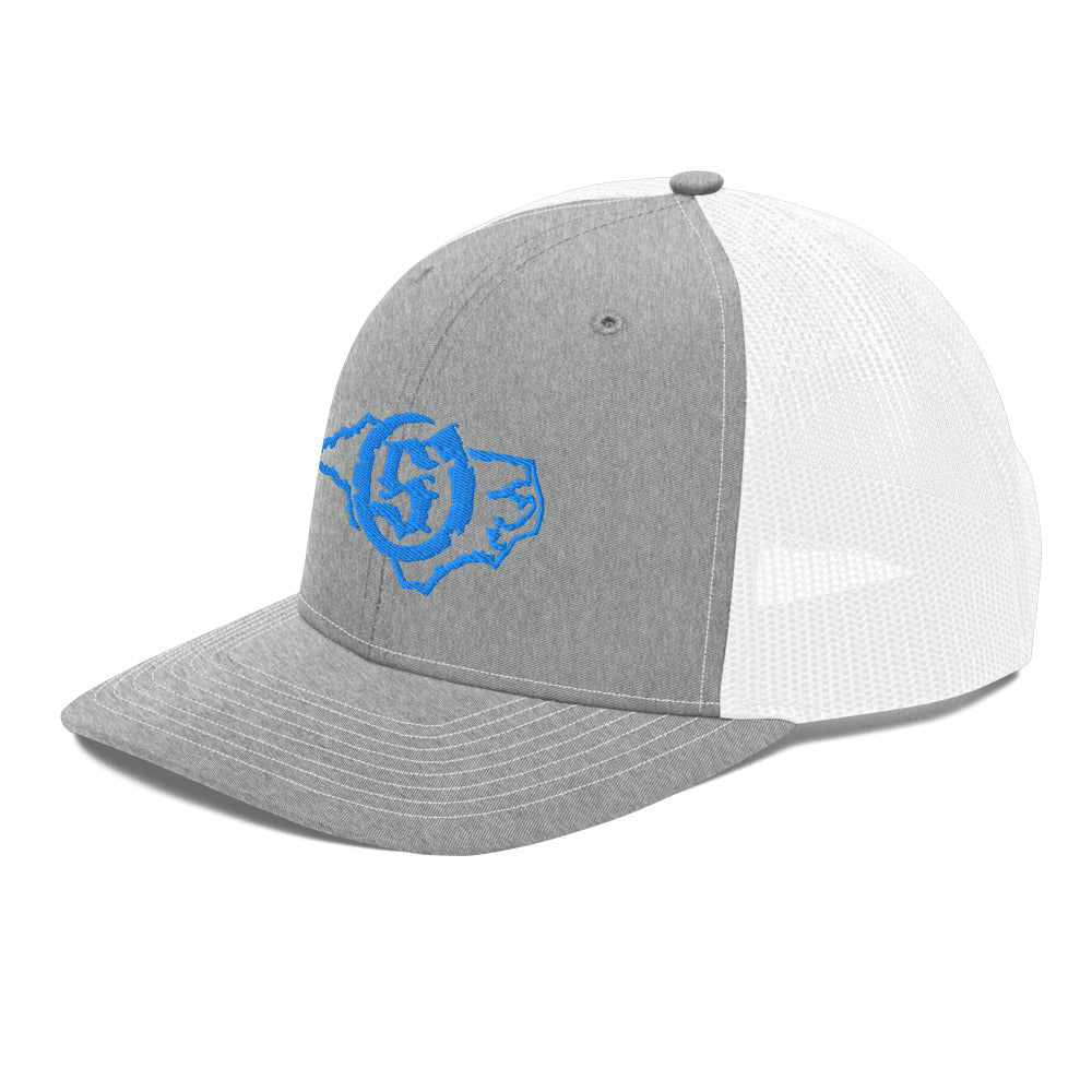 Sail On NC trucker hat in Heather Grey/White with blue thread embroidered logo, angled view
