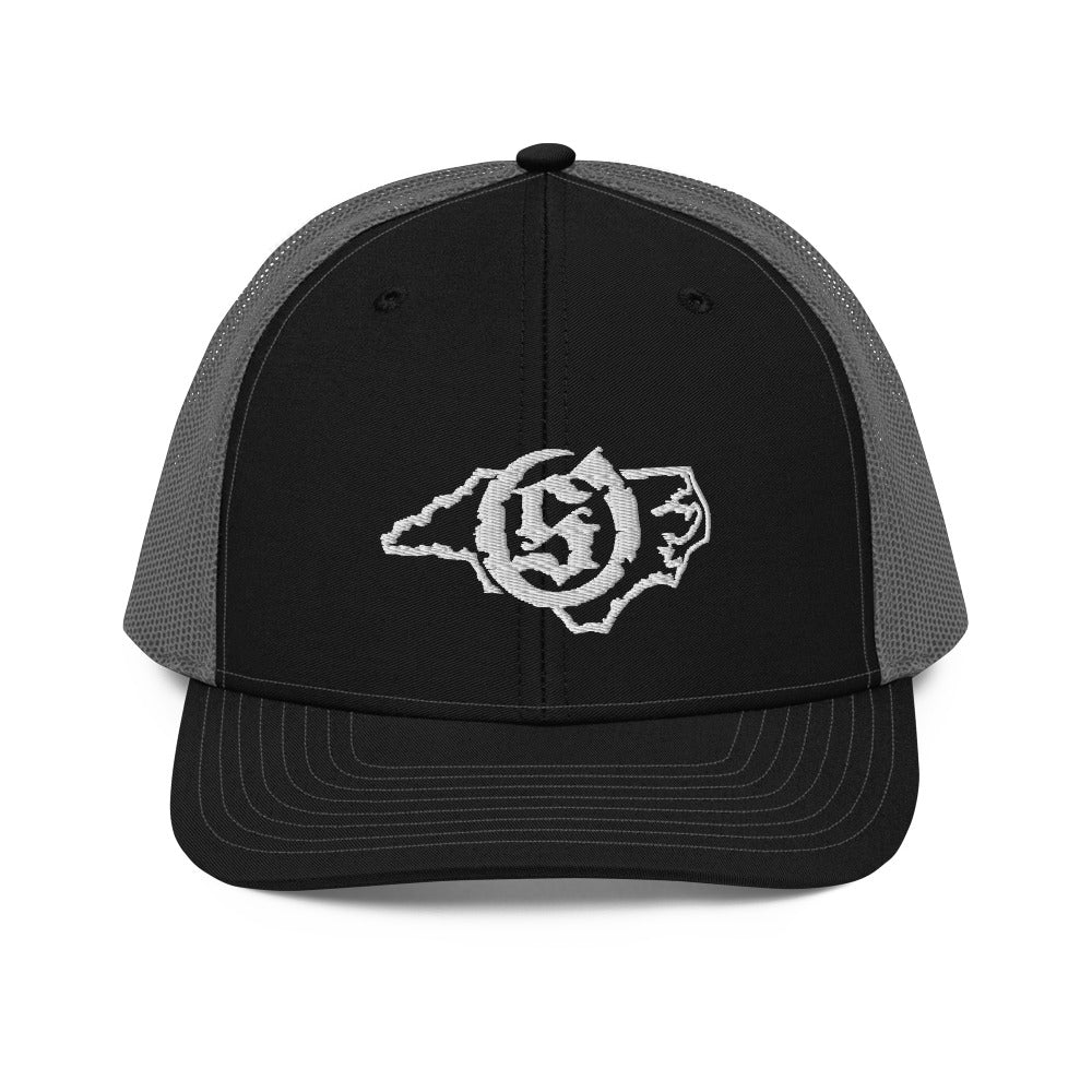 Sail On NC trucker hat in Black / Charcoal with white thread embroidered logo, front view