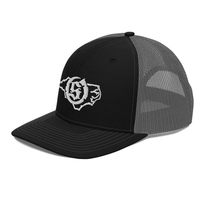 Sail On NC trucker hat in Black / Charcoal with white thread embroidered logo, angled view