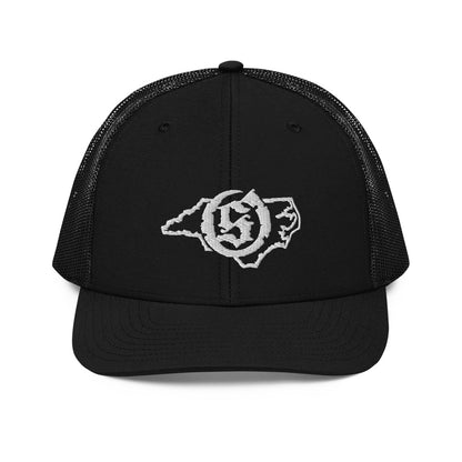 Sail On NC trucker hat in Black with white thread embroidered logo, front view