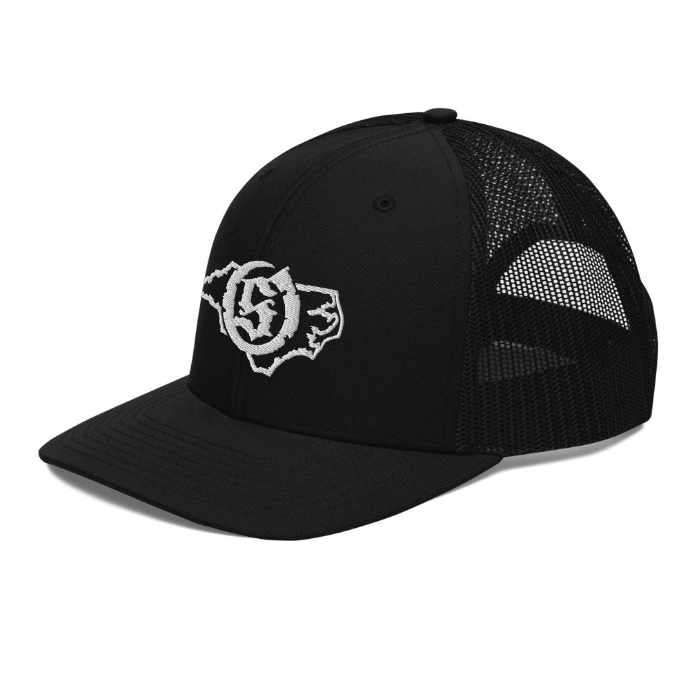 Sail On NC trucker hat in Black with white thread embroidered logo, angled view