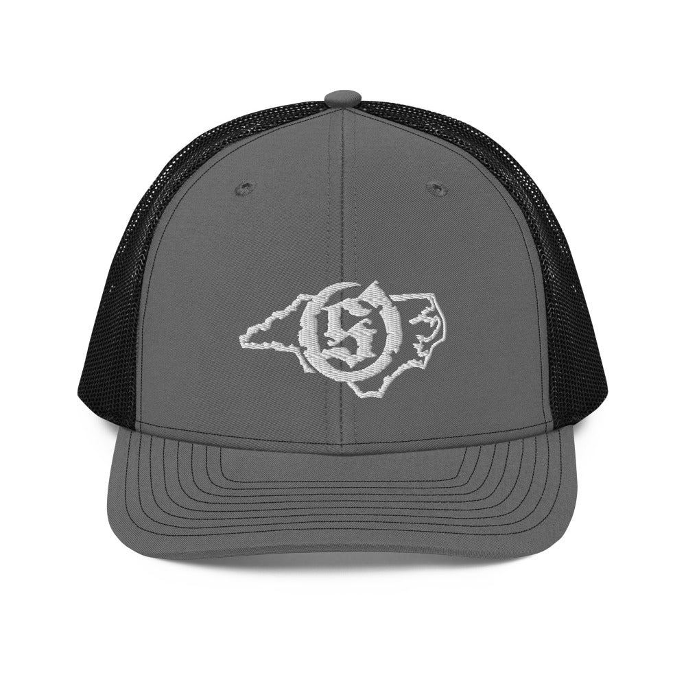 Sail On NC trucker hat in Charcoal/Black with white thread embroidered logo, front view