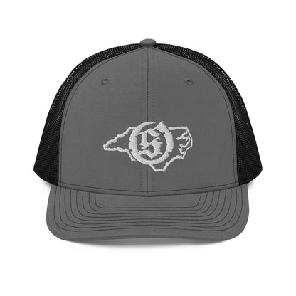 Sail On NC trucker hat in Charcoal/Black with white thread embroidered logo, front view