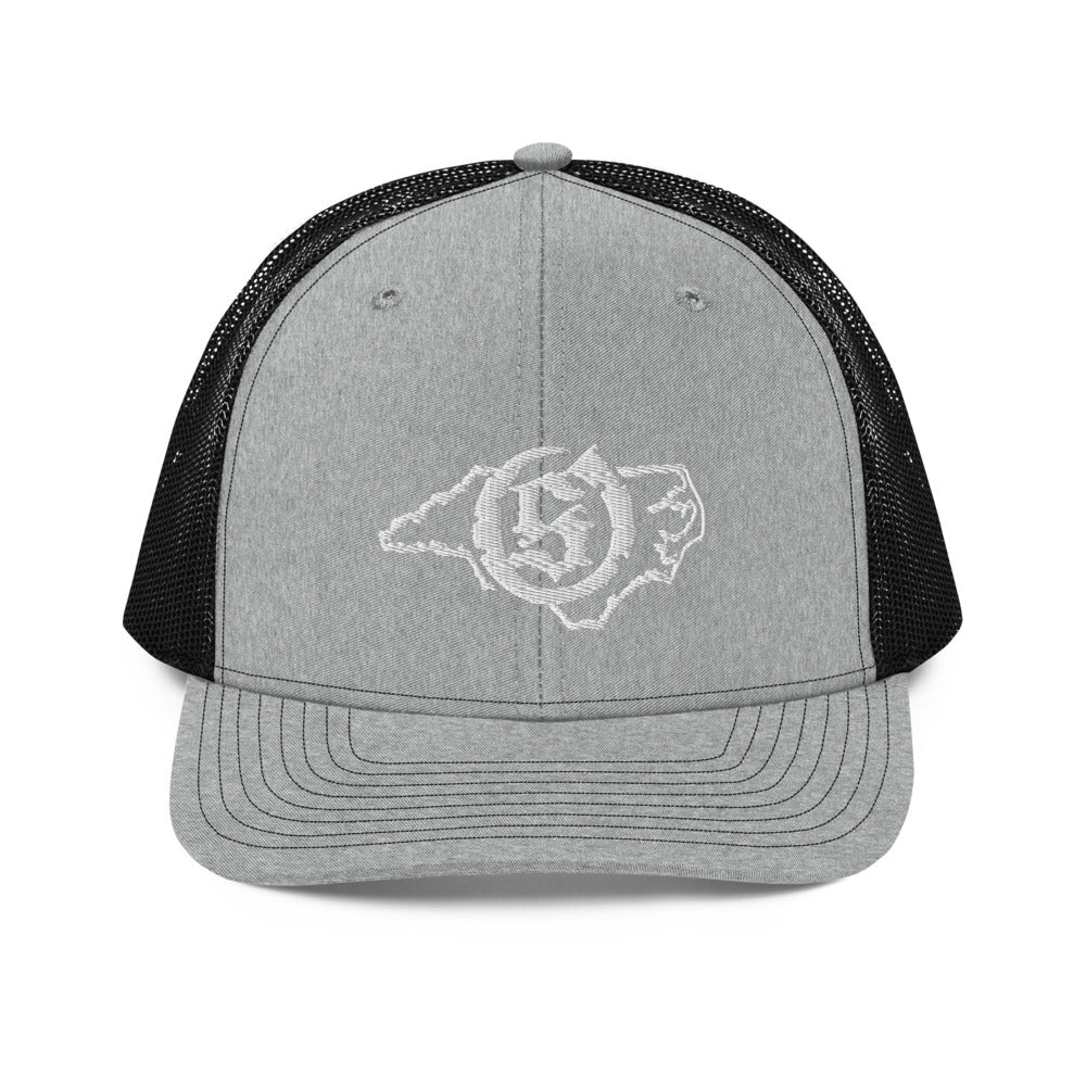 Sail On NC trucker hat in Heather Grey / Black with white thread embroidered logo, front view