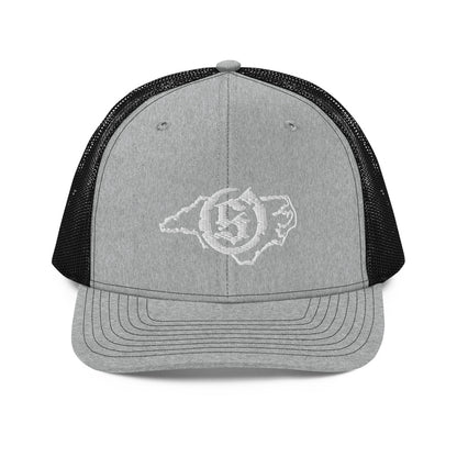 Sail On NC trucker hat in Heather Grey / Black with white thread embroidered logo, front view