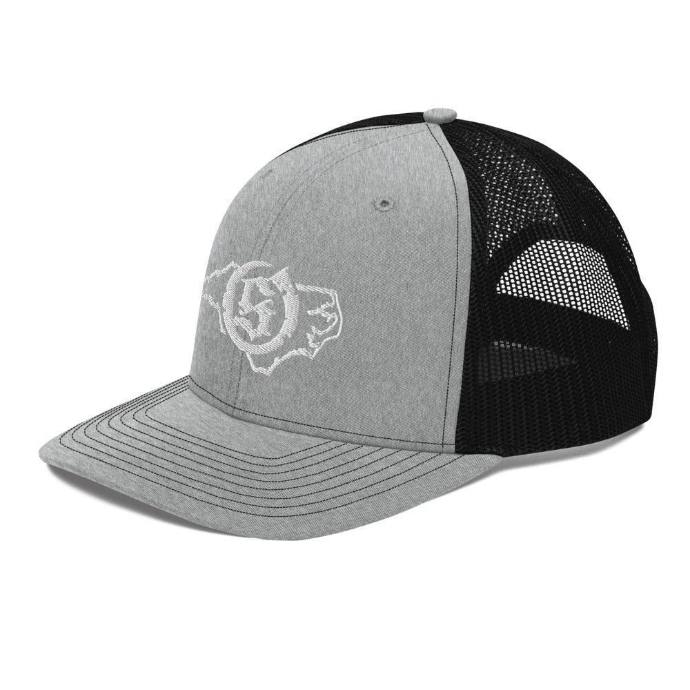 Sail On NC trucker hat in Heather Grey / Black with white thread embroidered logo, angled view