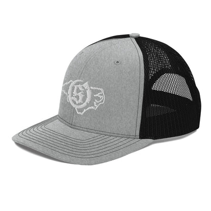 Sail On NC trucker hat in Heather Grey / Black with white thread embroidered logo, angled view