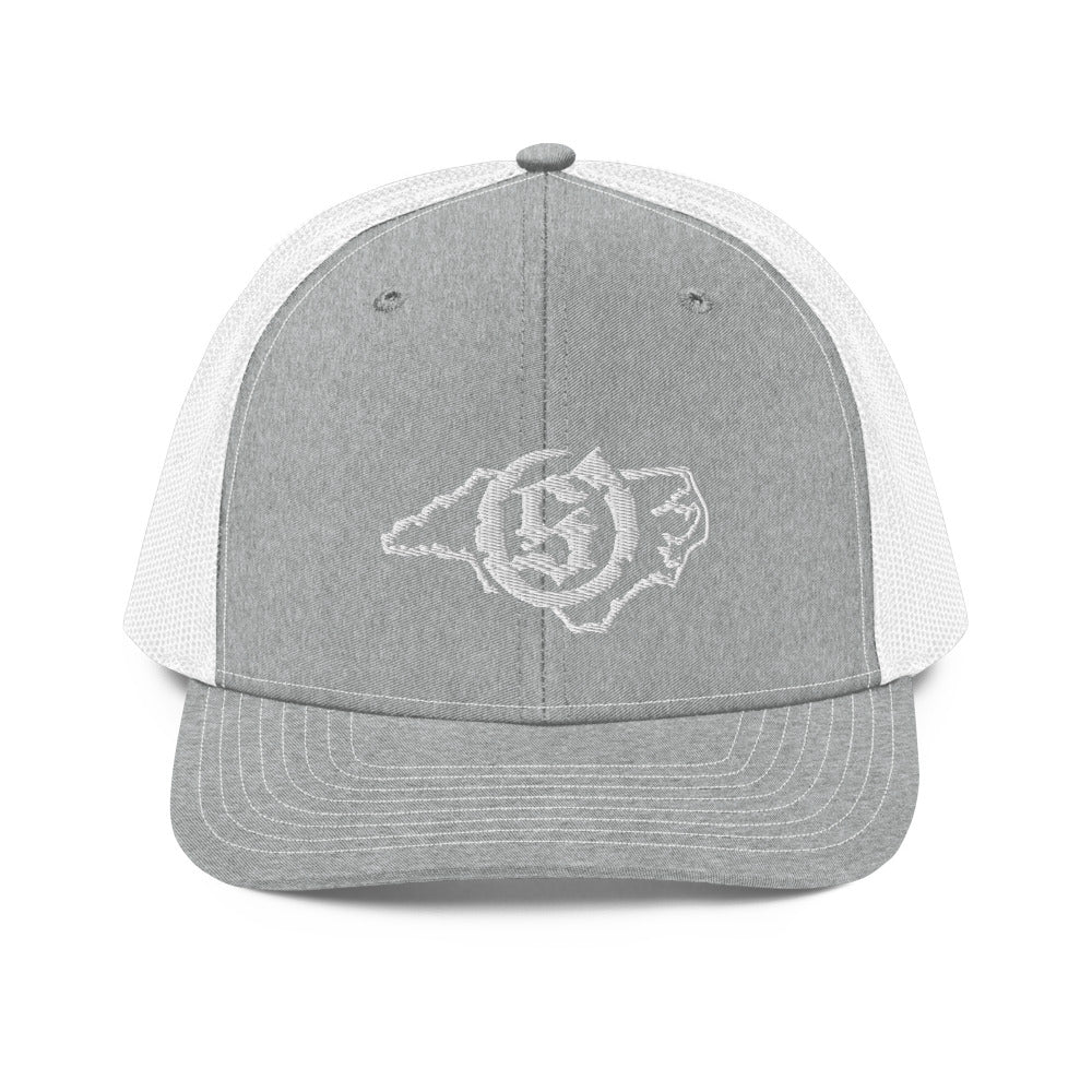 Sail On NC trucker hat in Heather Grey/White with white thread embroidered logo, front view