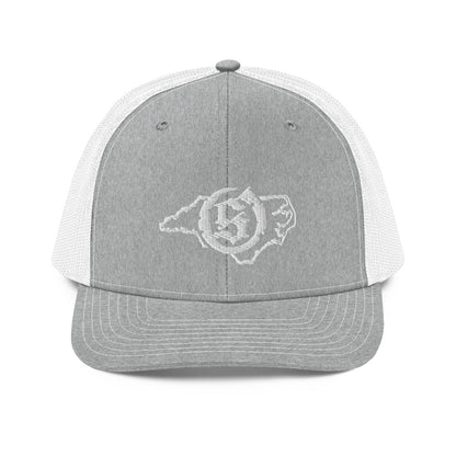 Sail On NC trucker hat in Heather Grey/White with white thread embroidered logo, front view