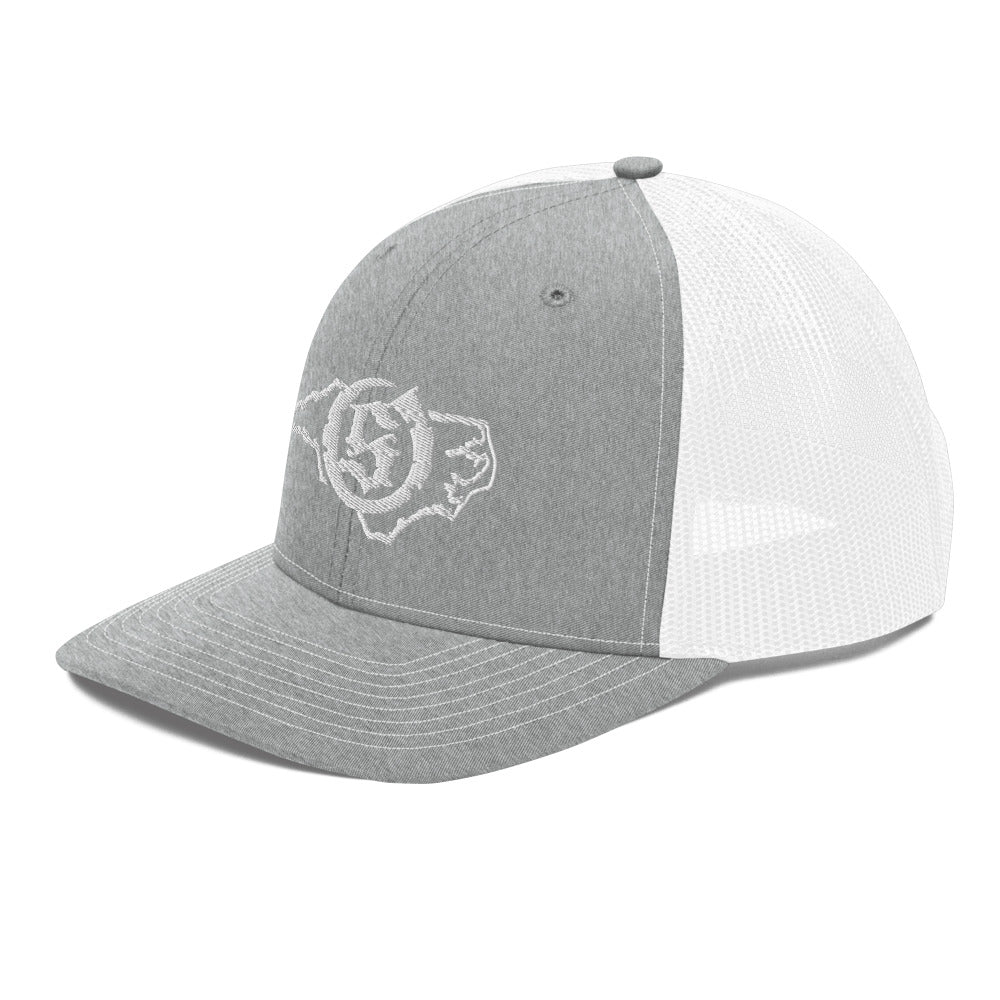 Sail On NC trucker hat in Heather Grey/White with white thread embroidered logo, angled view