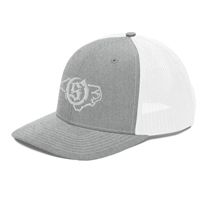 Sail On NC trucker hat in Heather Grey/White with white thread embroidered logo, angled view