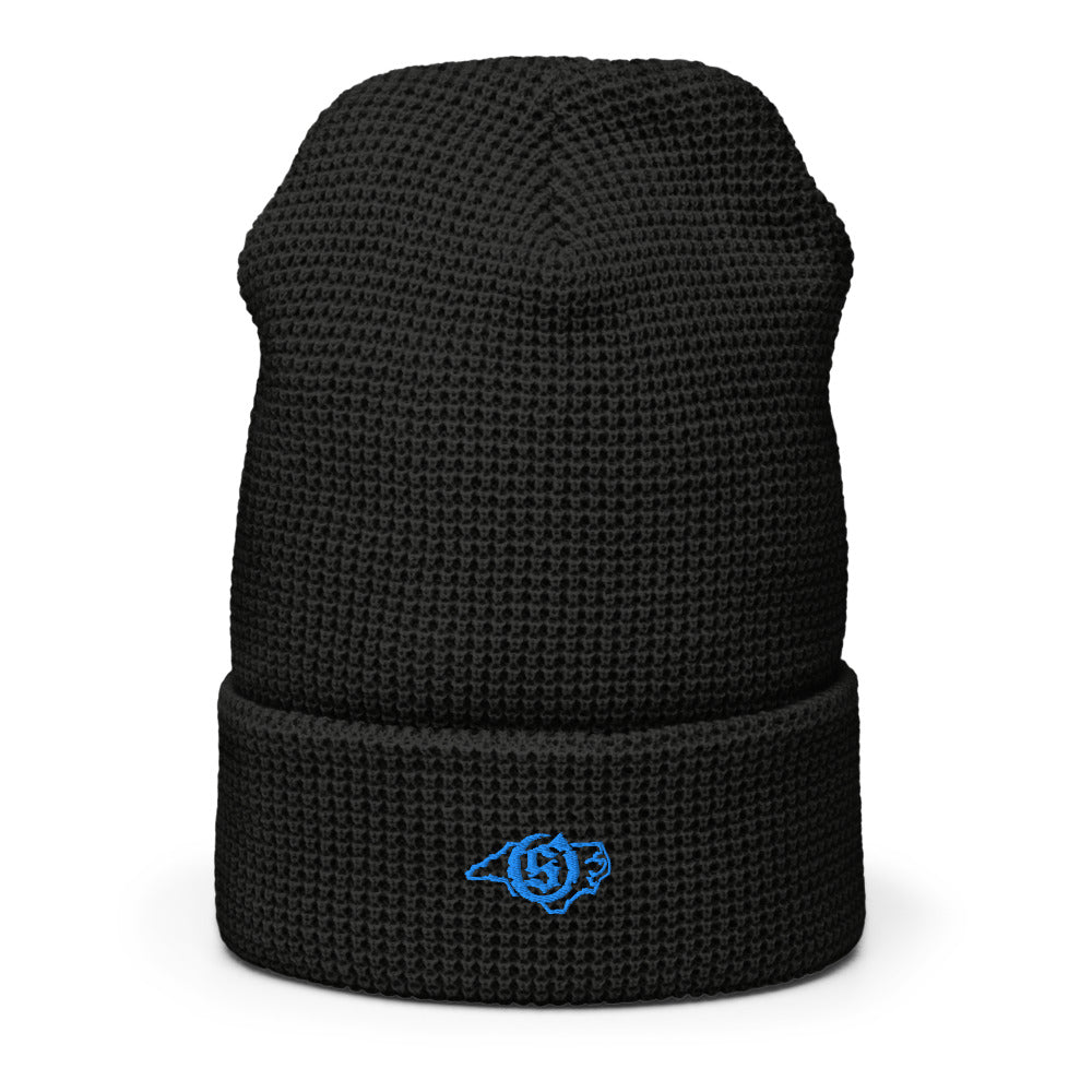 Sail On NC waffle beanie in Black with blue thread embroidered logo, cuffed front view