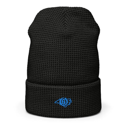 Sail On NC waffle beanie in Black with blue thread embroidered logo, cuffed front view