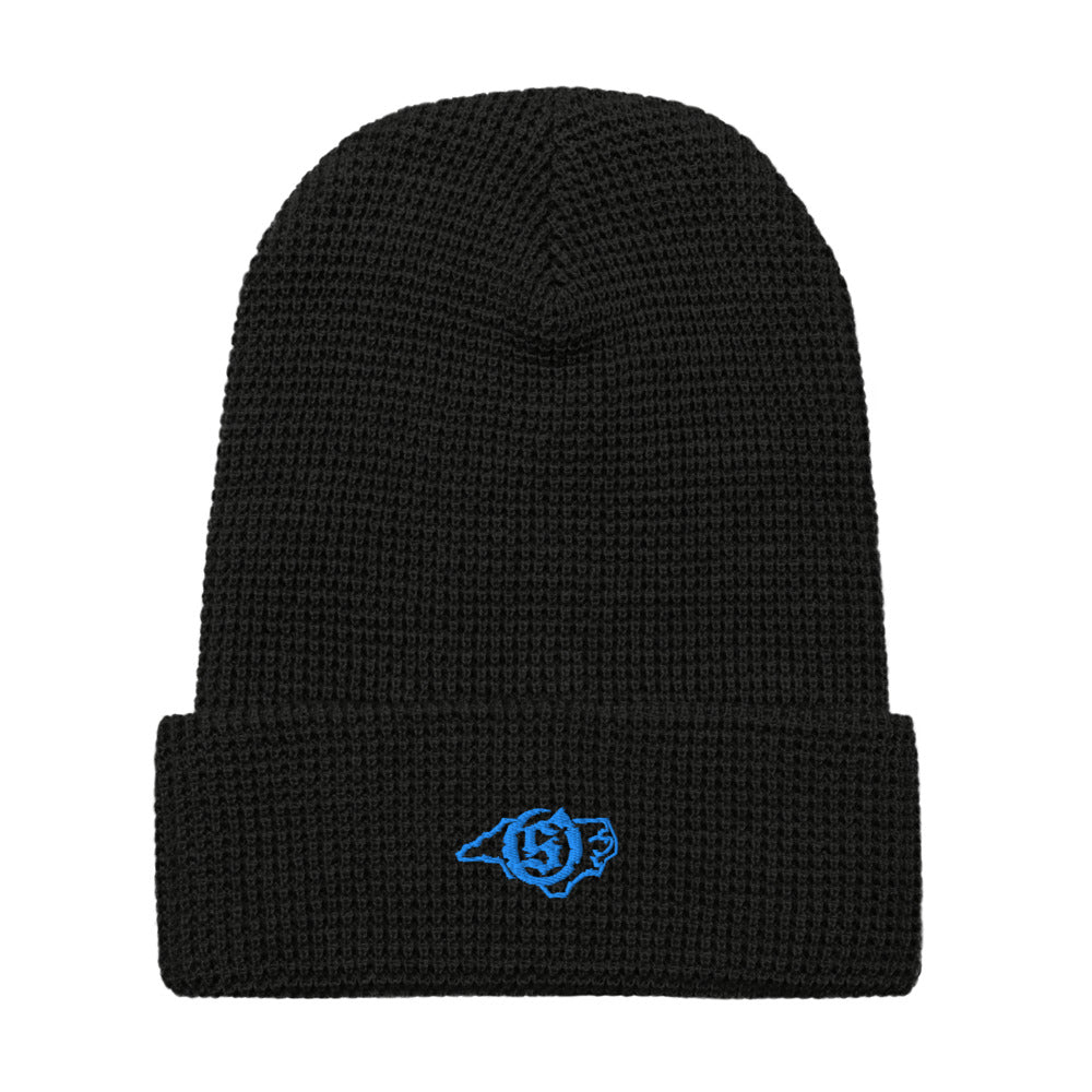 Sail On NC waffle beanie in Black with blue thread embroidered logo, front view