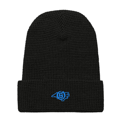 Sail On NC waffle beanie in Black with blue thread embroidered logo, front view