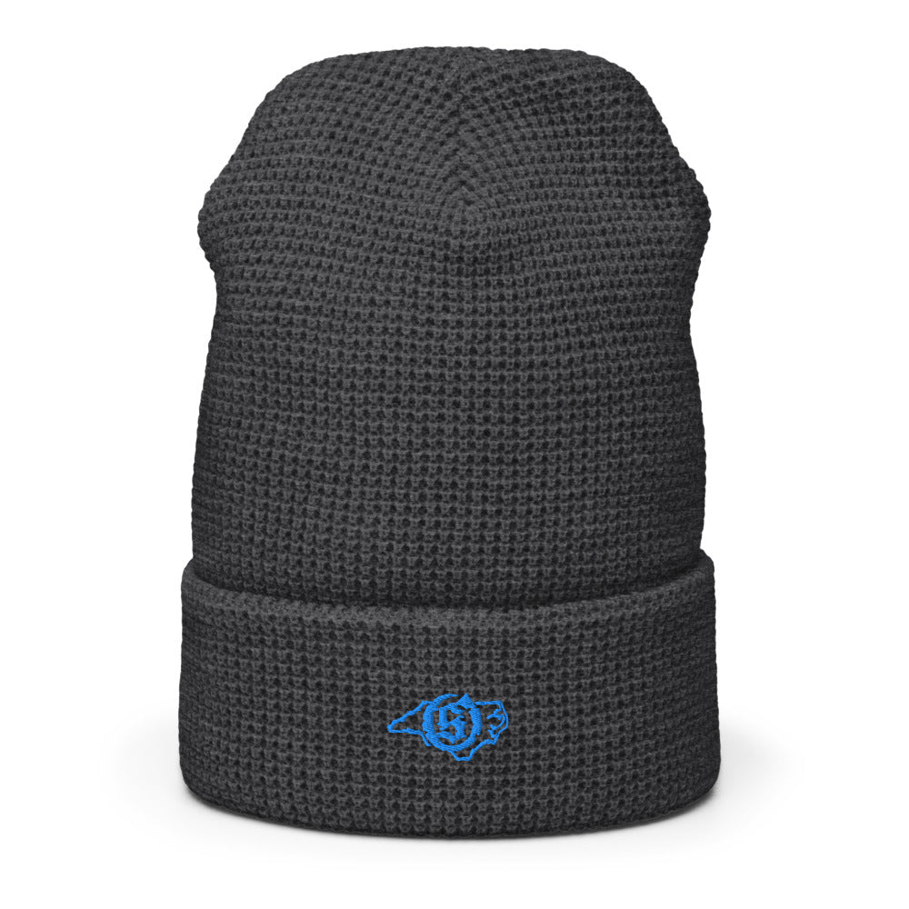 Sail On NC waffle beanie in Heather Charcoal with blue thread embroidered logo, cuffed front view