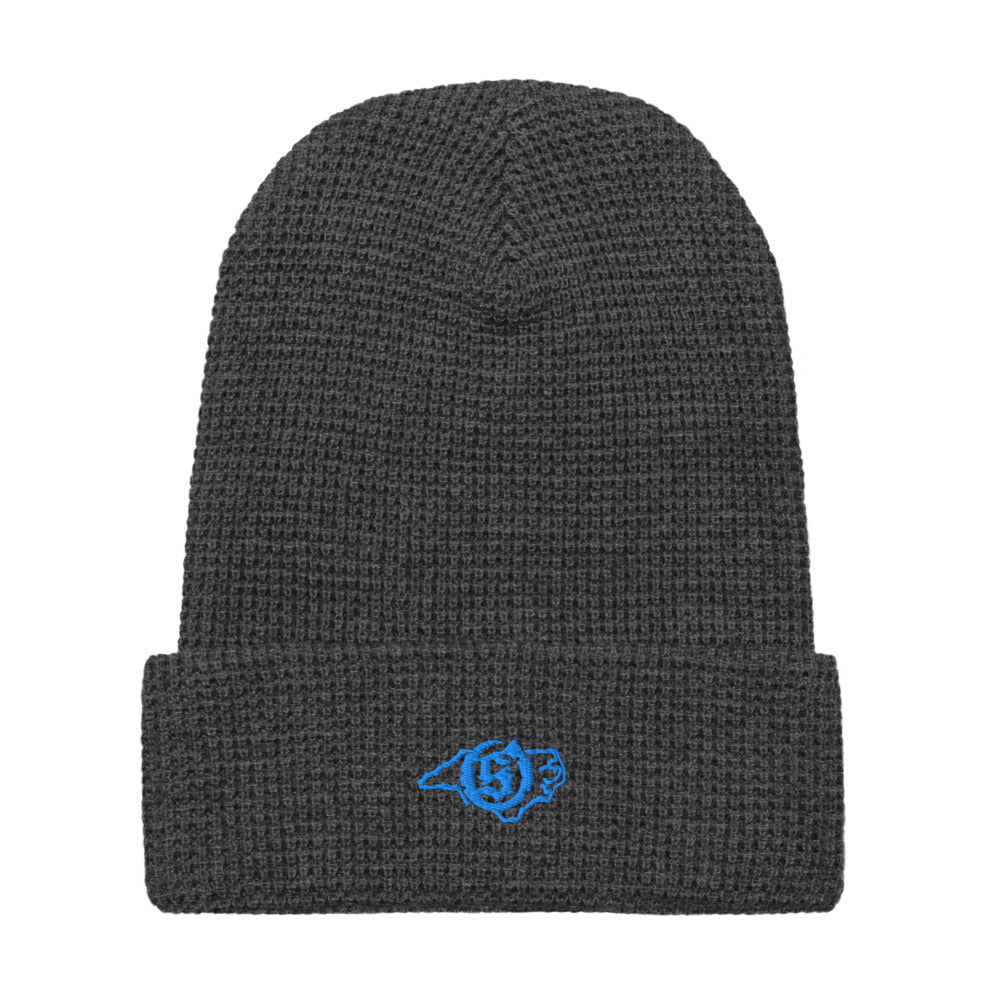Sail On NC waffle beanie in Heather Charcoal with blue thread embroidered logo, front view