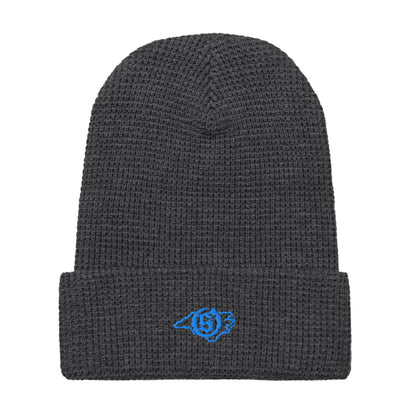Sail On NC waffle beanie in Heather Charcoal with blue thread embroidered logo, front view