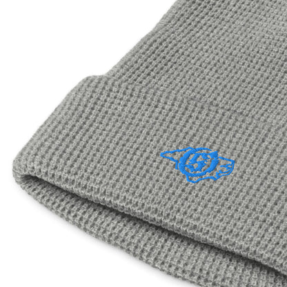 Sail On NC waffle beanie in Heather Grey with blue thread embroidered logo, close-up view