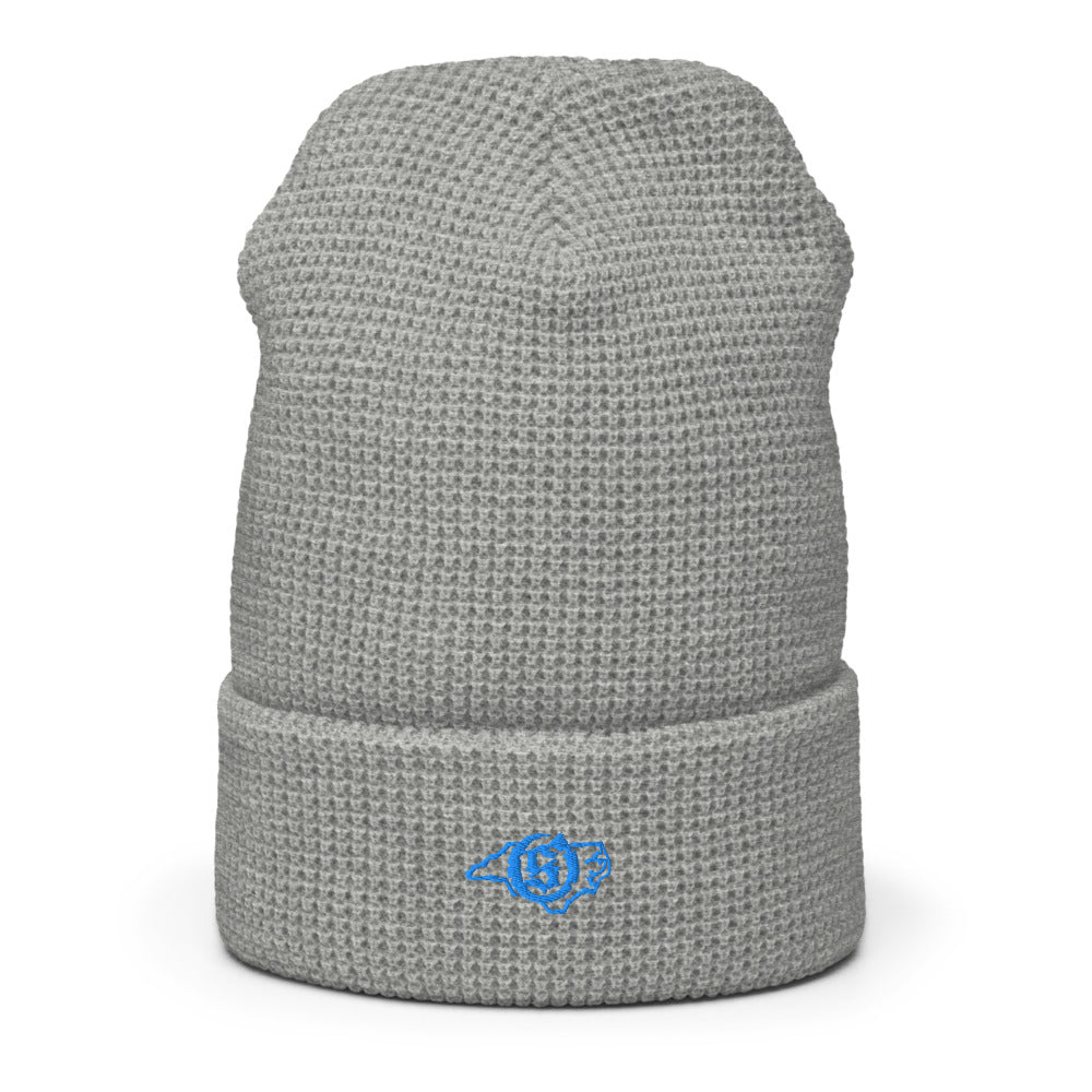 Sail On NC waffle beanie in Heather Grey with blue thread embroidered logo, cuffed front view