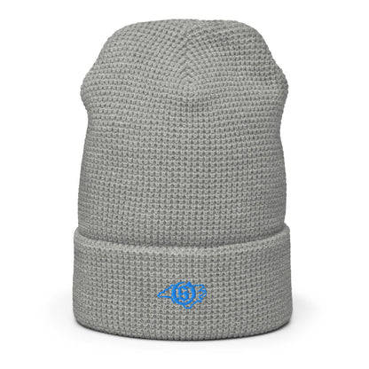 Sail On NC waffle beanie in Heather Grey with blue thread embroidered logo, cuffed front view