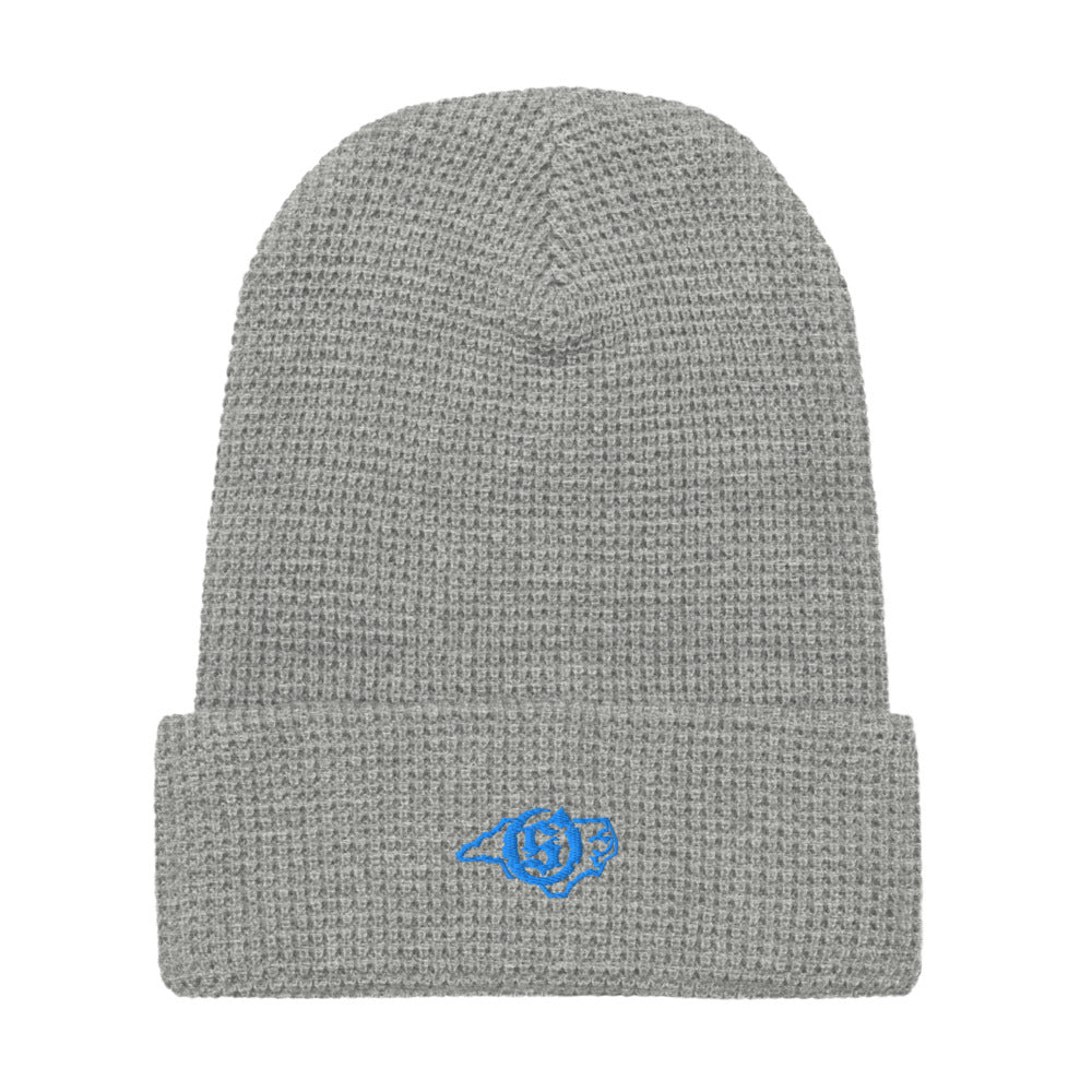 Sail On NC waffle beanie in Heather Grey with blue thread embroidered logo, front view