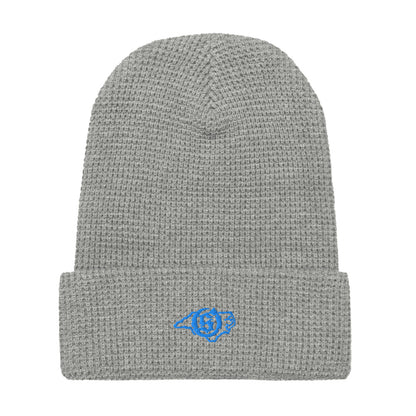 Sail On NC waffle beanie in Heather Grey with blue thread embroidered logo, front view