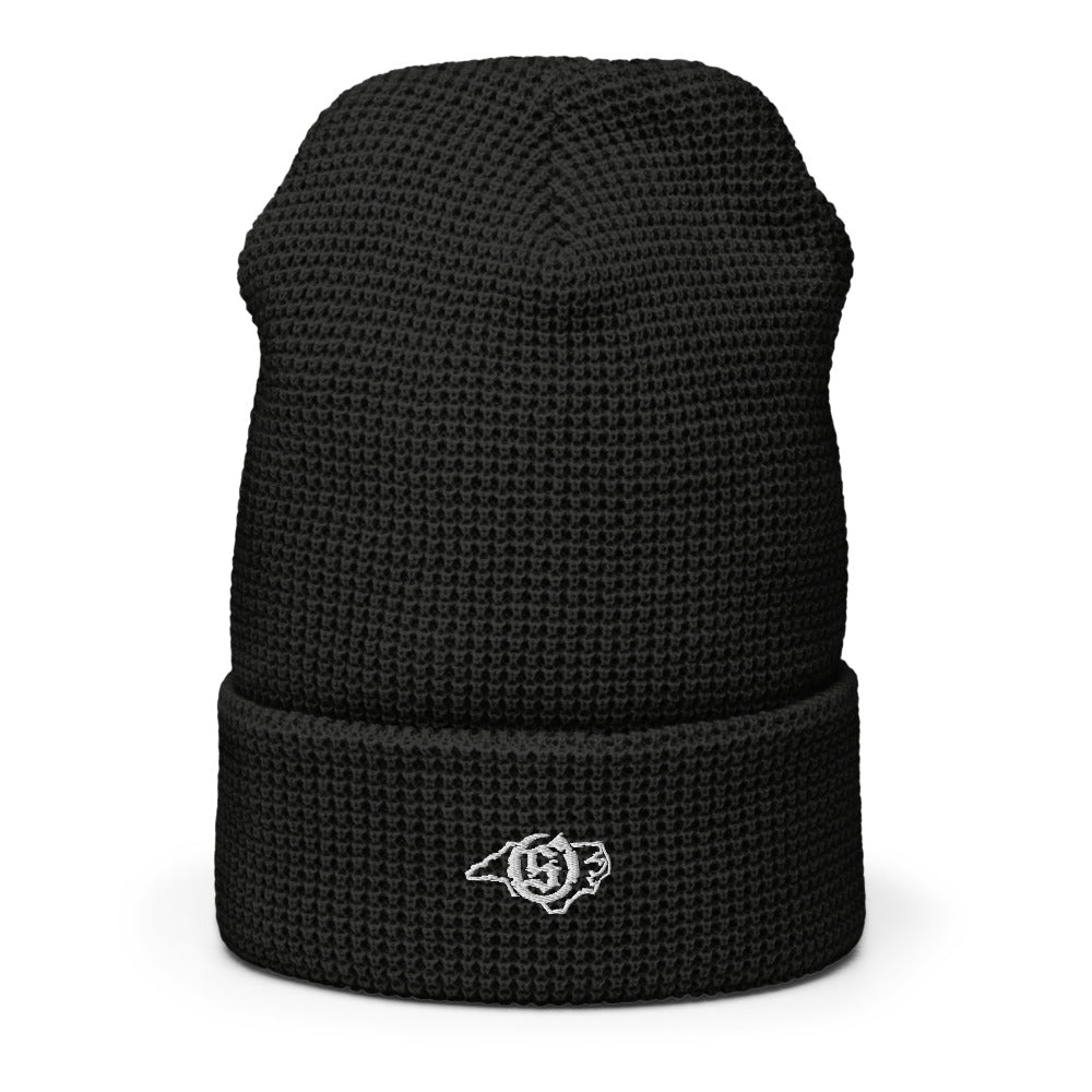 Sail On NC waffle beanie in Black with white thread embroidered logo, cuffed front view
