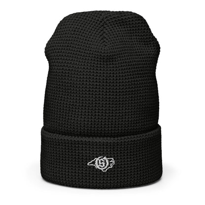Sail On NC waffle beanie in Black with white thread embroidered logo, cuffed front view