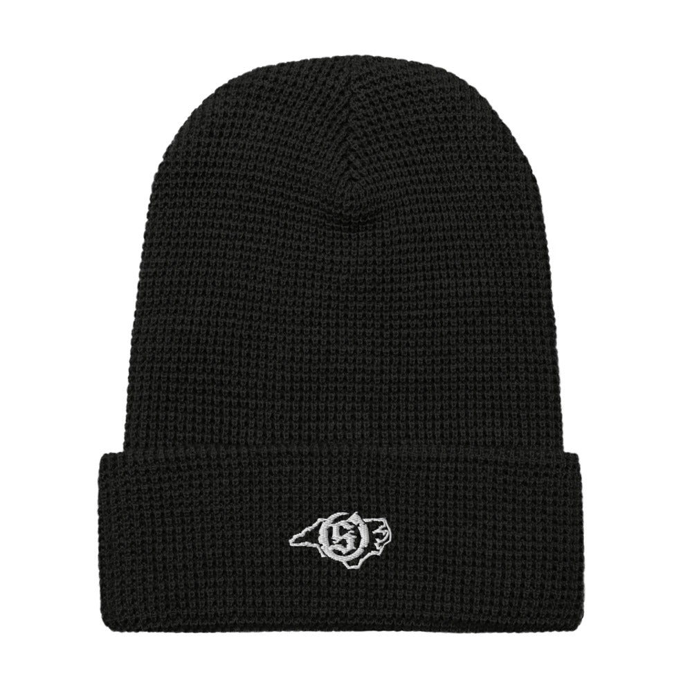 Sail On NC waffle beanie in Black with white thread embroidered logo, front view