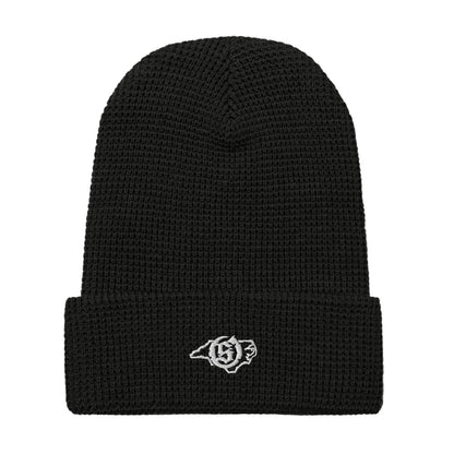 Sail On NC waffle beanie in Black with white thread embroidered logo, front view