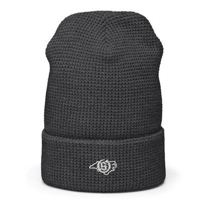 Sail On NC waffle beanie in Heather Charcoal with white thread embroidered logo, cuffed front view