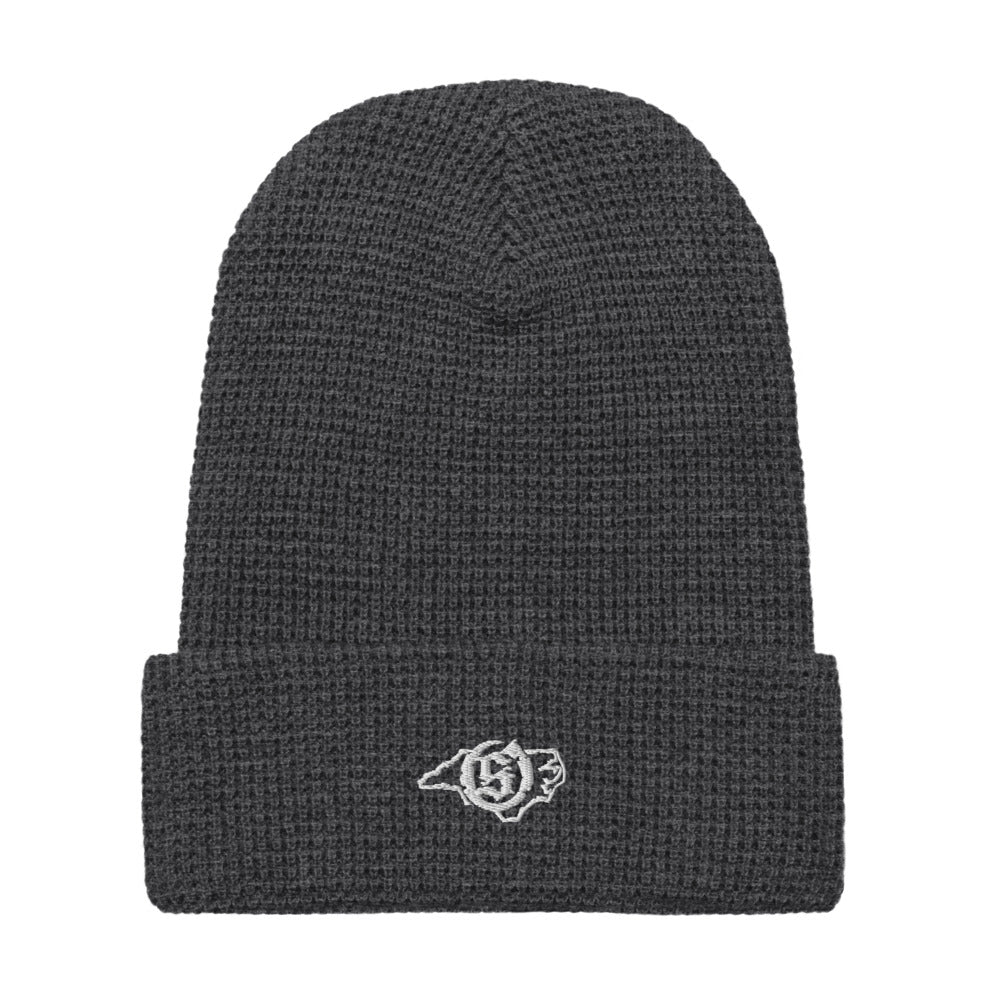 Sail On NC waffle beanie in Heather Charcoal with white thread embroidered logo, front view