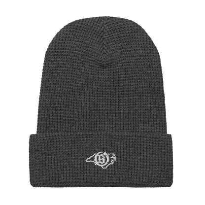 Sail On NC waffle beanie in Heather Charcoal with white thread embroidered logo, front view
