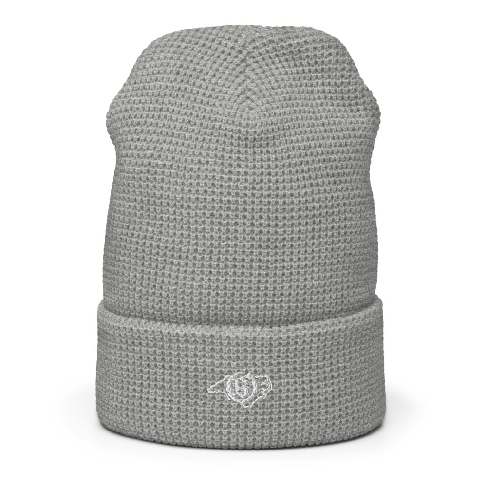 Sail On NC waffle beanie in Heather Grey with white thread embroidered logo, cuffed front view