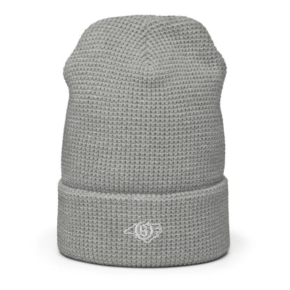Sail On NC waffle beanie in Heather Grey with white thread embroidered logo, cuffed front view