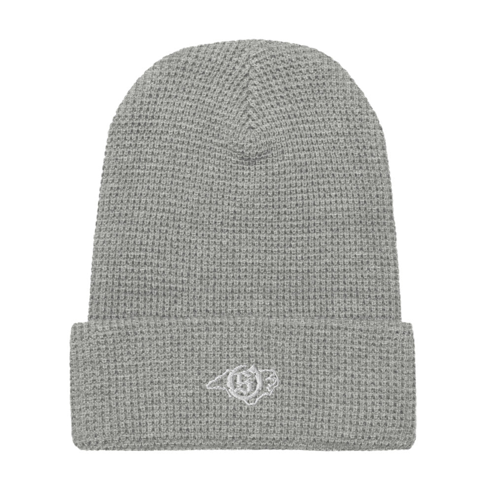 Sail On NC waffle beanie in Heather Grey with white thread embroidered logo, front view