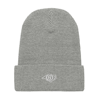 Sail On NC waffle beanie in Heather Grey with white thread embroidered logo, front view