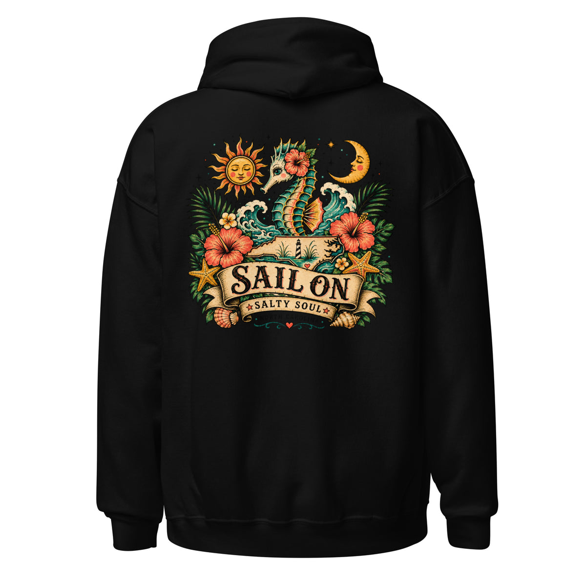 Salty Soul Hoodie in Black, back view with full Sail On Salty Soul back print