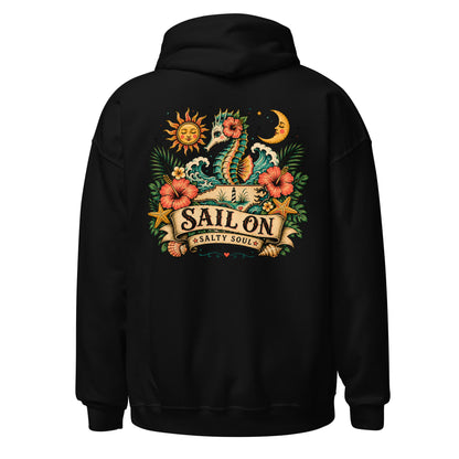 Salty Soul Hoodie in Black, back view with full Sail On Salty Soul back print