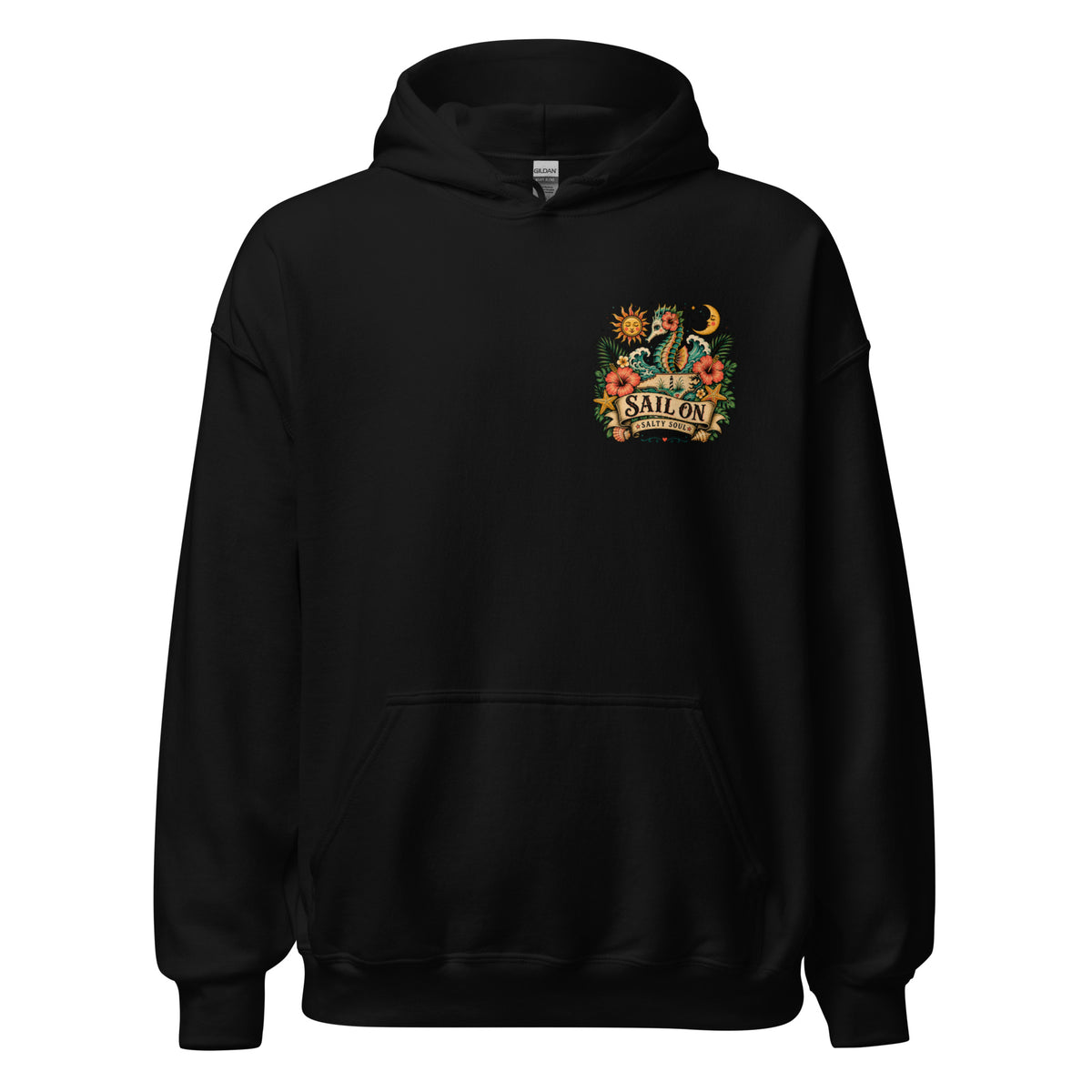 Salty Soul Hoodie in Black, front view with Sail On left-chest logo