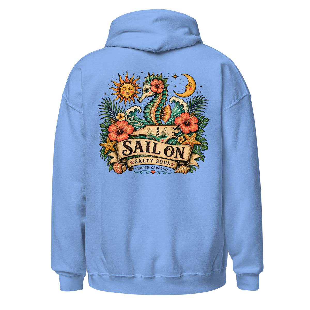 Salty Soul Hoodie in Carolina Blue, back view with full Sail On Salty Soul back print