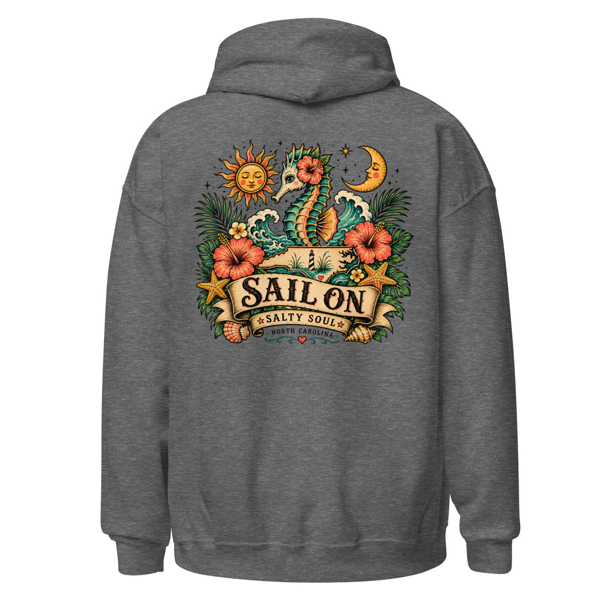 Salty Soul Hoodie in Graphite Heather, back view with full Sail On Salty Soul back print