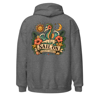Salty Soul Hoodie in Graphite Heather, back view with full Sail On Salty Soul back print