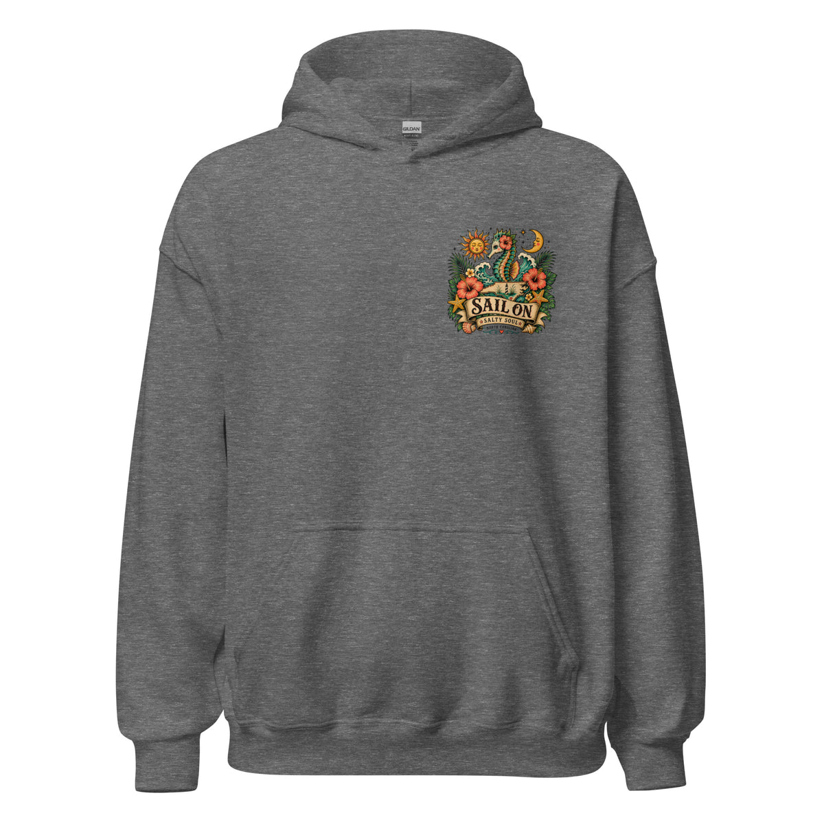 Salty Soul Hoodie in Graphite Heather, front view with Sail On left-chest logo