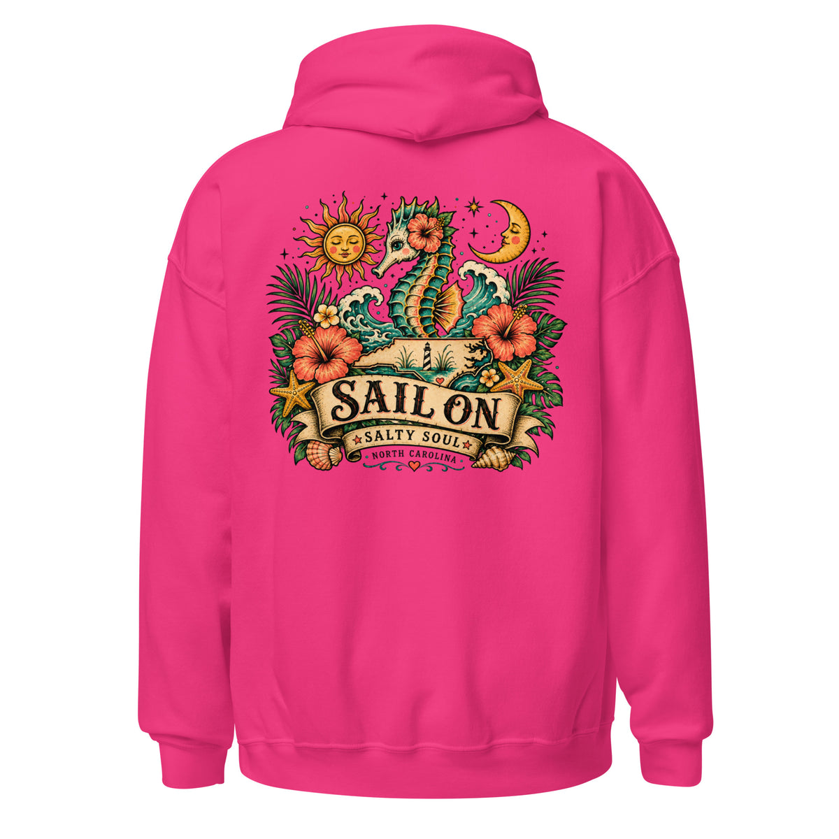 Salty Soul Hoodie in Heliconia, back view with full Sail On Salty Soul back print