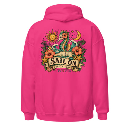 Salty Soul Hoodie in Heliconia, back view with full Sail On Salty Soul back print