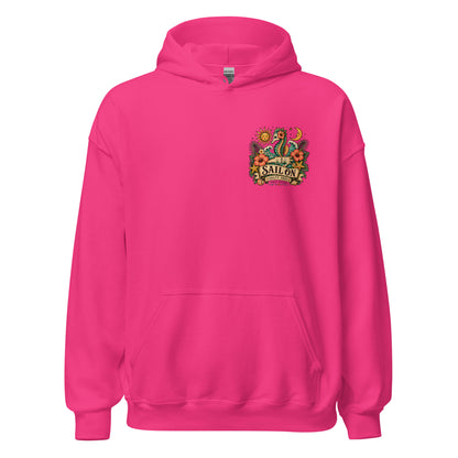 Salty Soul Hoodie in Heliconia, front view with Sail On left-chest logo