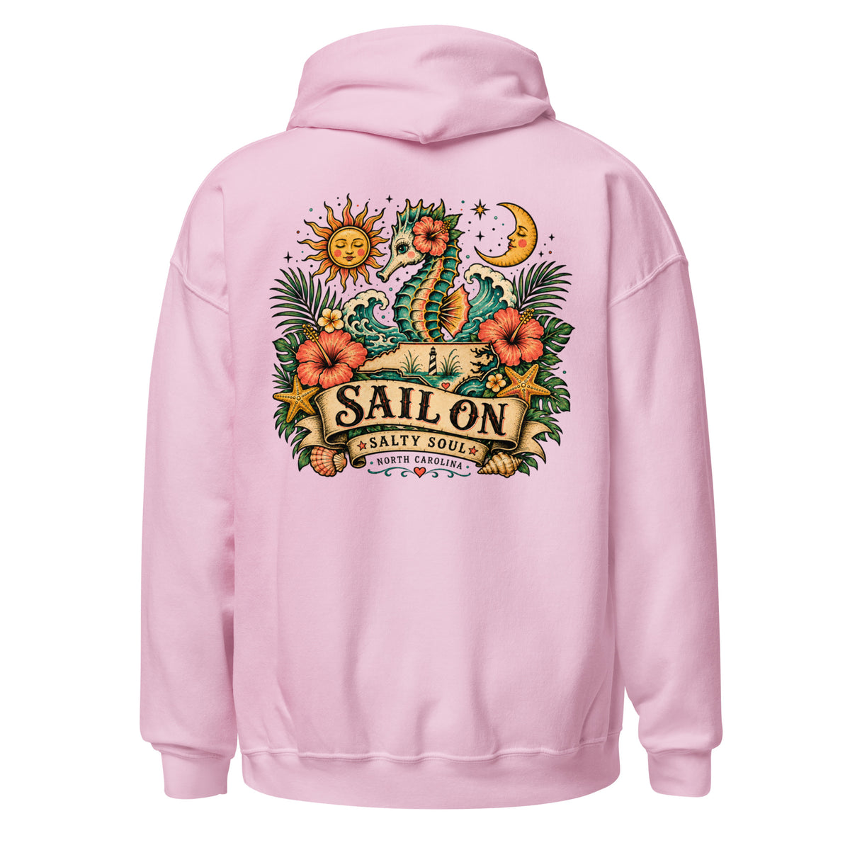 Salty Soul Hoodie in Light Pink, back view with full Sail On Salty Soul back print