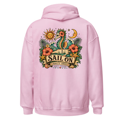 Salty Soul Hoodie in Light Pink, back view with full Sail On Salty Soul back print